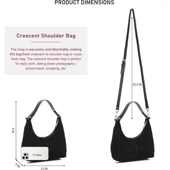 Suede Women's Crescent Hobo Bag Small Crossbody Purse Vegan Leather Zipper - Picture 3 of 7